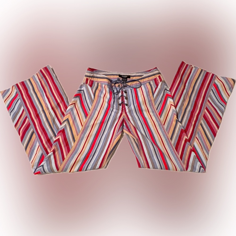 Bold y2k 90s vintage low rise multicolor striped lace up wide leg bottoms
